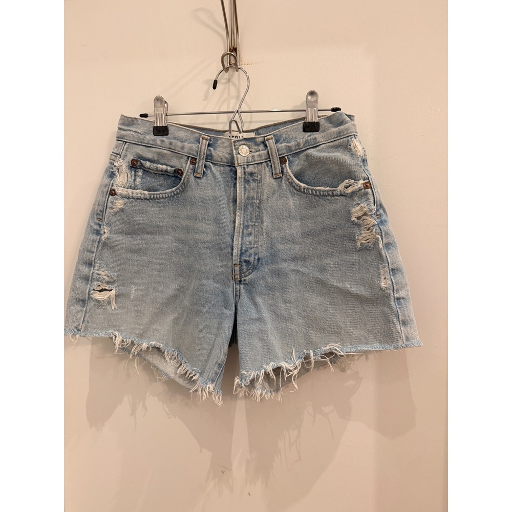 AGOLDE Parker Long Distressed Denim Shorts Size 25 Light Wash‎ High Rise Raw Hem